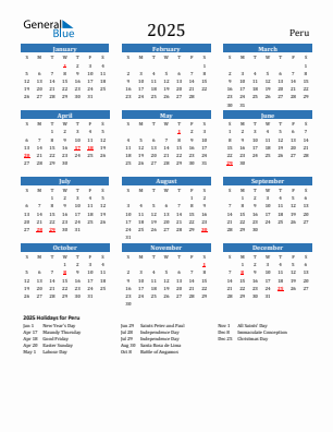 Peru current year calendar 2025 with holidays