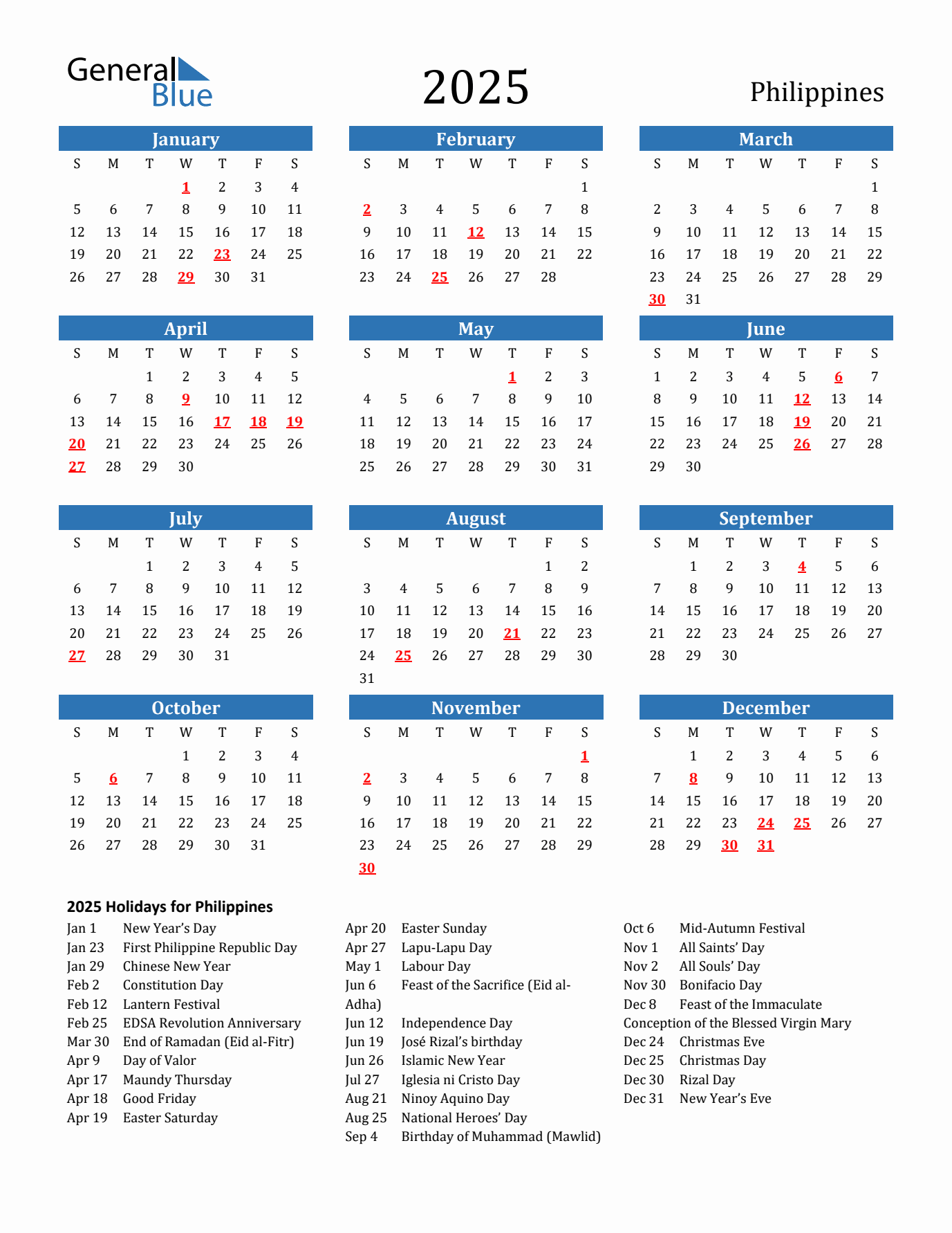 2025 yearly calendar with Philippines holidays