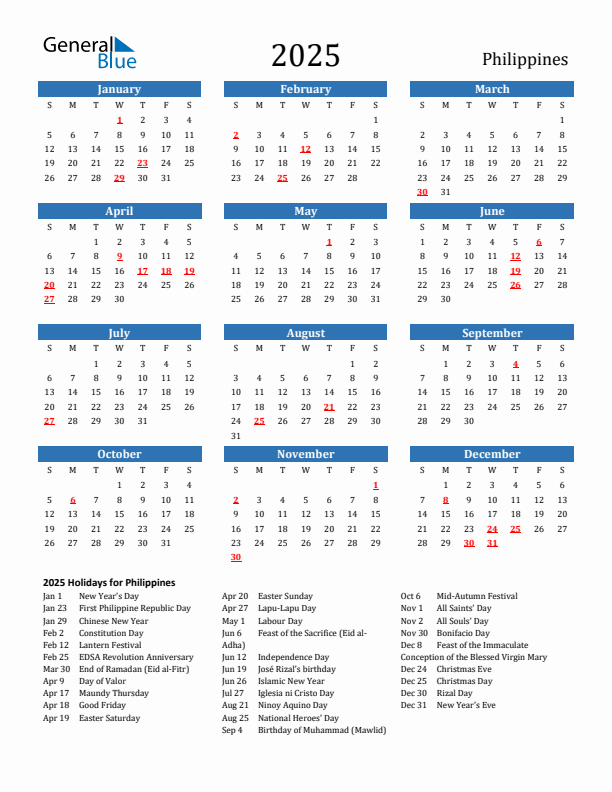 Philippines 2025 Calendar with Holidays