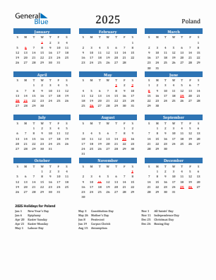 Poland current year calendar 2025 with holidays