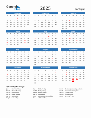 Portugal current year calendar 2025 with holidays