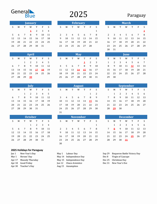 Paraguay 2025 Calendar with Holidays