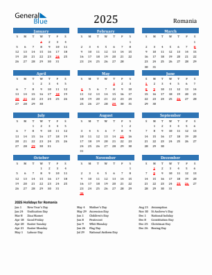 Romania current year calendar 2025 with holidays