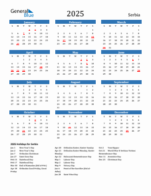 Serbia current year calendar 2025 with holidays