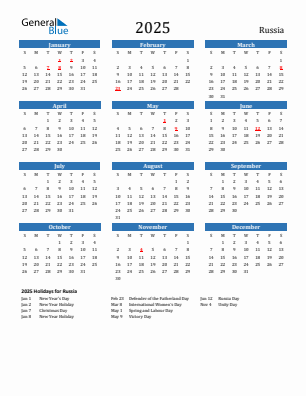 Russia current year calendar 2025 with holidays