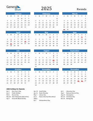 Rwanda current year calendar 2025 with holidays