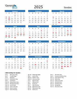 Sweden current year calendar 2025 with holidays