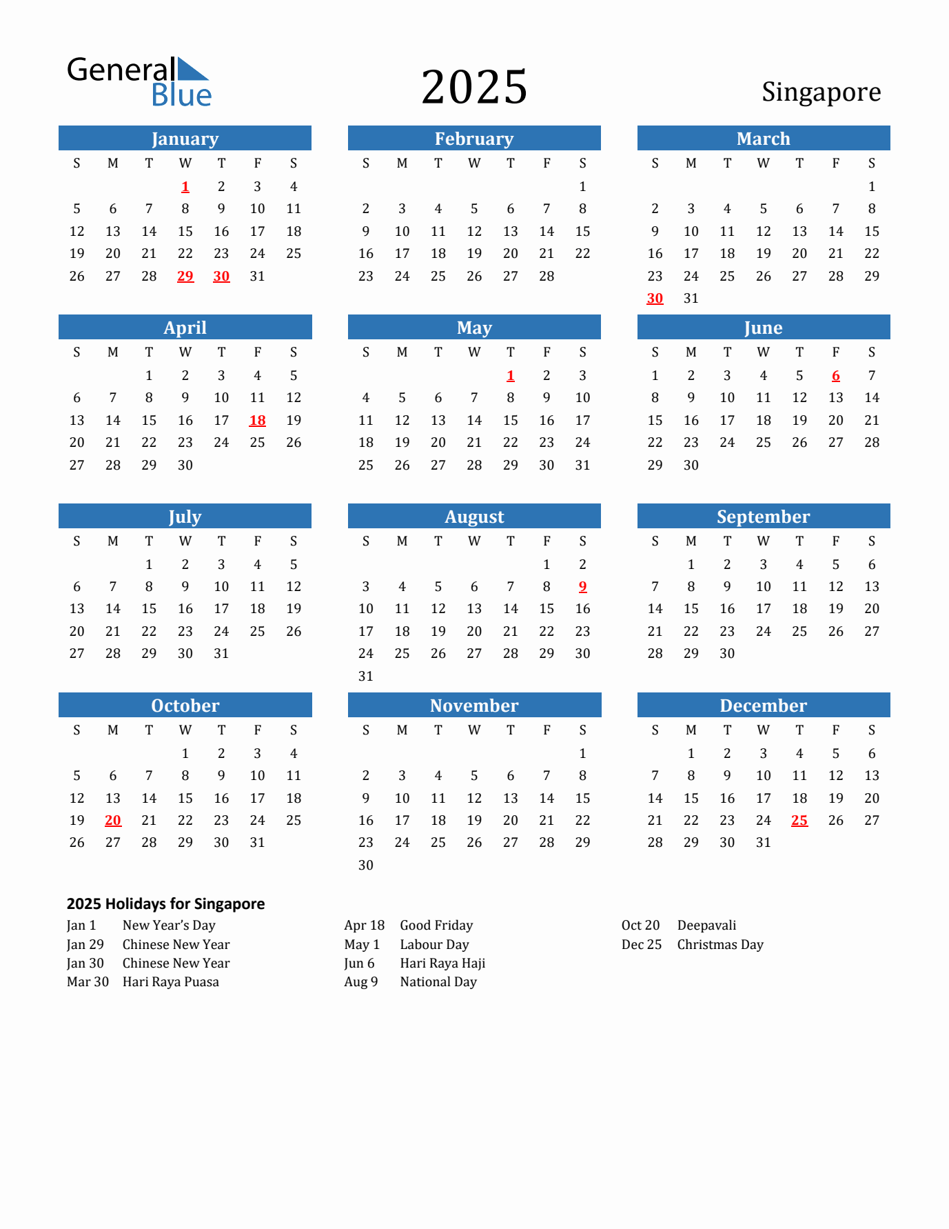 2025 yearly calendar with Singapore holidays