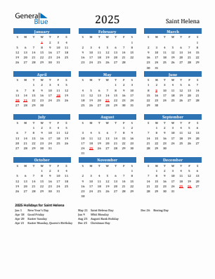 Saint Helena current year calendar 2025 with holidays