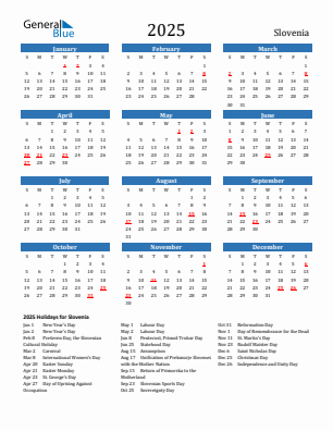 Slovenia current year calendar 2025 with holidays