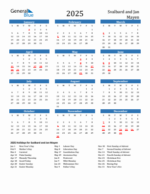 Svalbard and Jan Mayen current year calendar 2025 with holidays