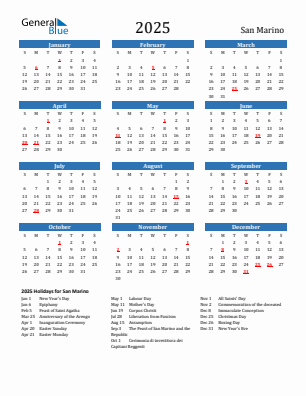 San Marino current year calendar 2025 with holidays