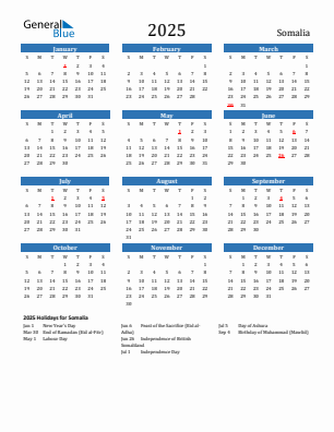 Somalia current year calendar 2025 with holidays