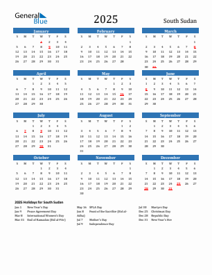 South Sudan current year calendar 2025 with holidays