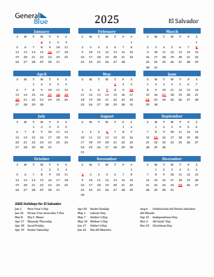 El Salvador current year calendar 2025 with holidays