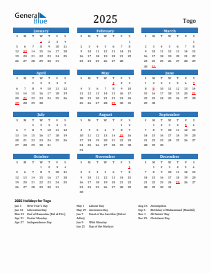 Togo current year calendar 2025 with holidays