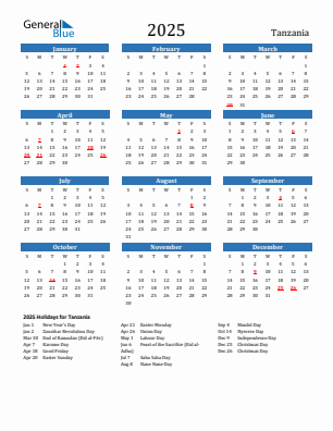 Tanzania current year calendar 2025 with holidays