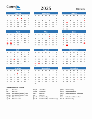 Ukraine current year calendar 2025 with holidays