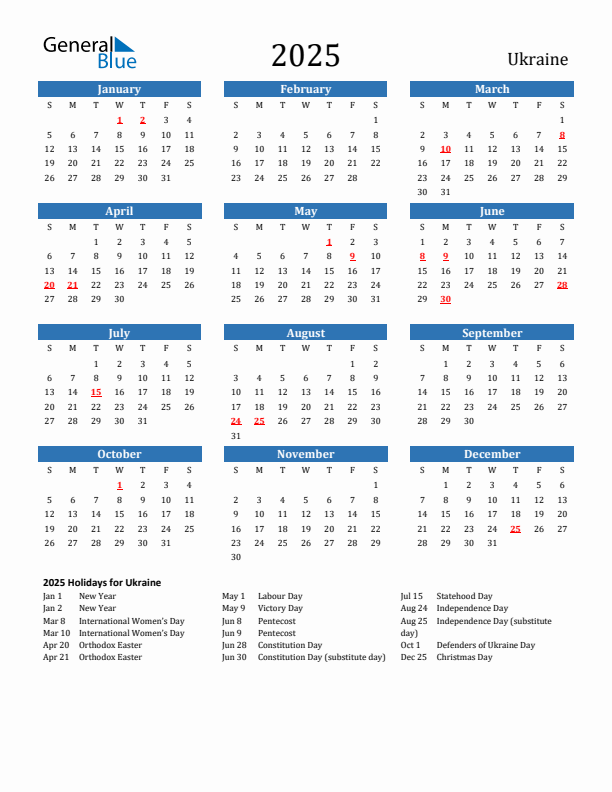 Ukraine 2025 Calendar with Holidays