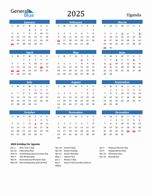 Uganda current year calendar 2025 with holidays