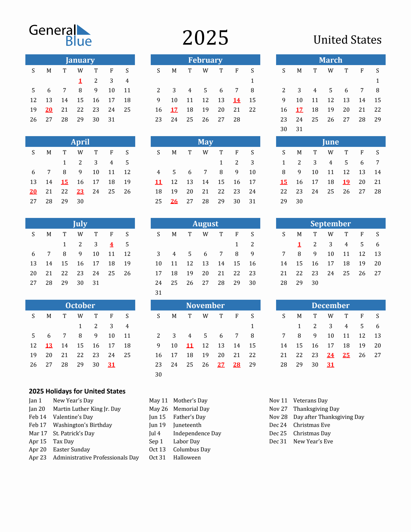 2025 yearly calendar with United States holidays