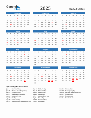 United States current year calendar 2025 with holidays