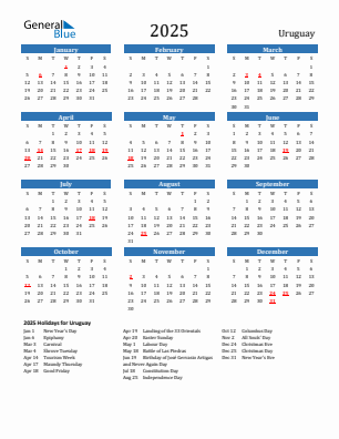 Uruguay current year calendar 2025 with holidays