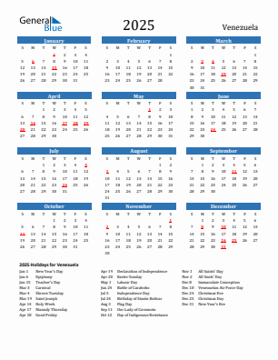 Venezuela current year calendar 2025 with holidays