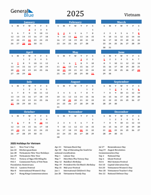 Vietnam current year calendar 2025 with holidays