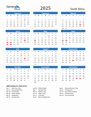 South Africa current year calendar 2025 with holidays