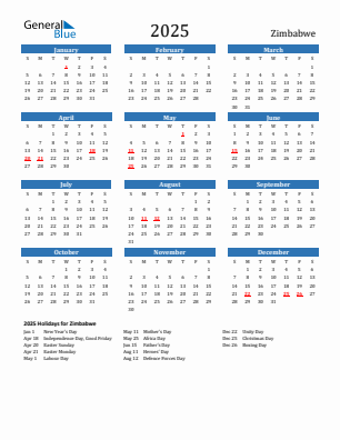 Zimbabwe current year calendar 2025 with holidays