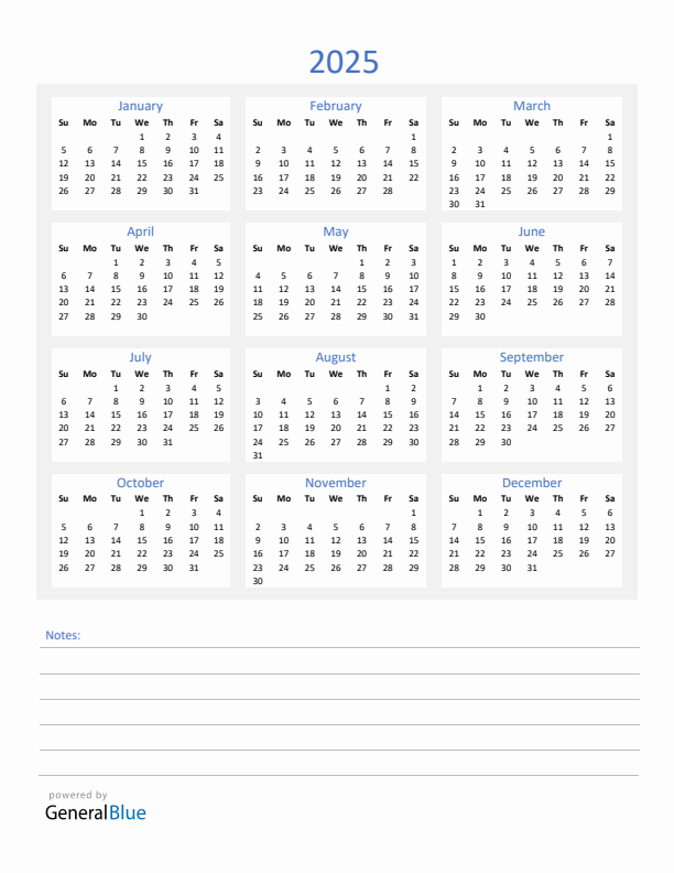 2025 Yearly Calendar Template with Notes Section (PDF Excel Word)