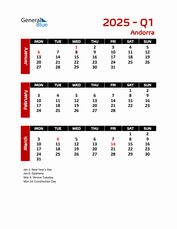 Q1 2025 Calendar with Holidays in Andorra