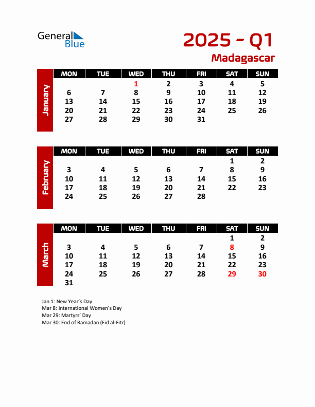 Q1 2025 Calendar with Holidays in Madagascar