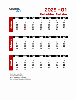 United Arab Emirates Quarter 1  2025 calendar template