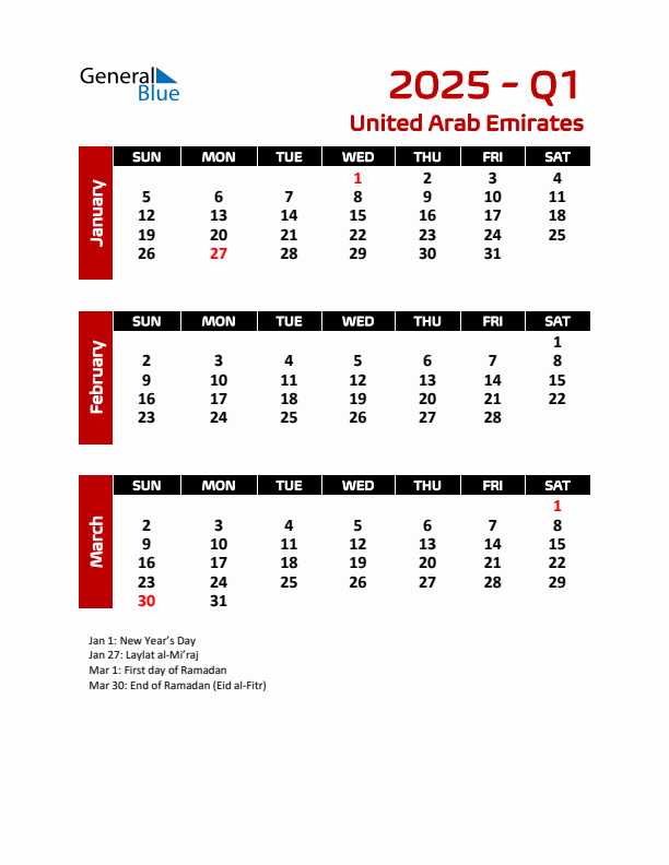 Q1 2025 Calendar with Holidays in United Arab Emirates