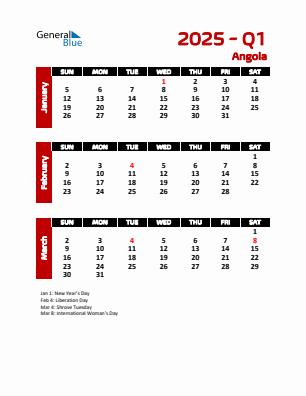 Angola Quarter 1  2025 calendar template