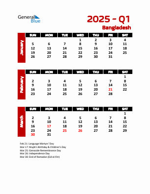 Bangladesh Quarter 1  2025 calendar template