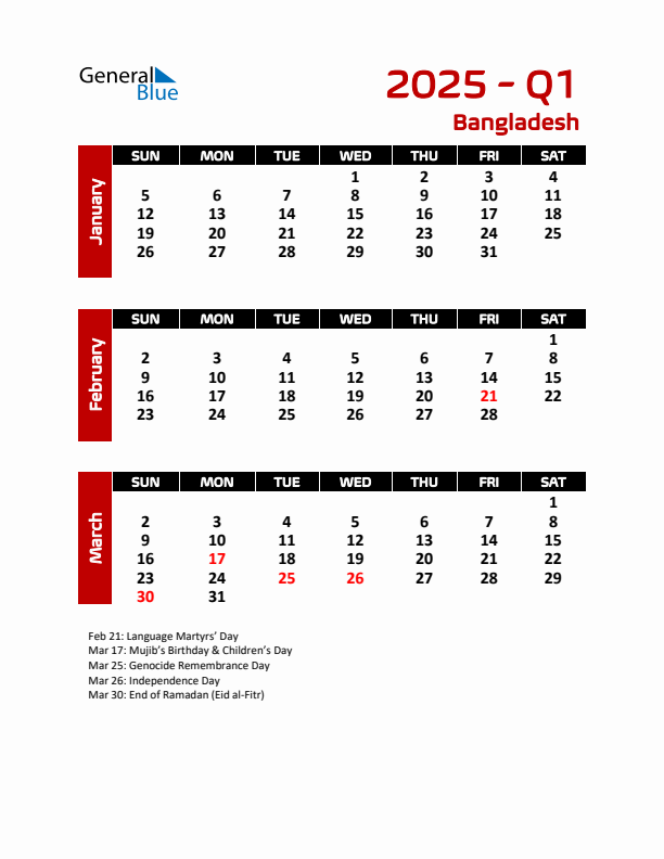 Q1 2025 Calendar with Holidays in Bangladesh