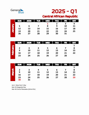 Central African Republic Quarter 1  2025 calendar template