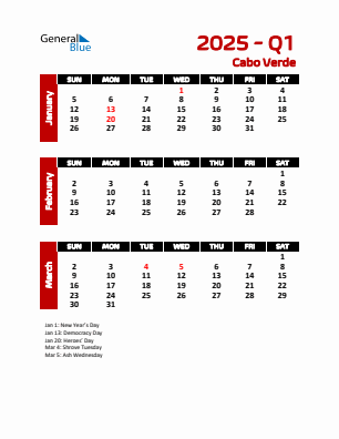 Cabo Verde Quarter 1  2025 calendar template