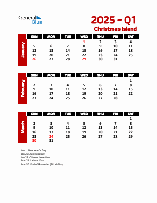 Christmas Island Quarter 1  2025 calendar template