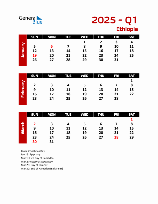 Q1 2025 Calendar with Holidays in Ethiopia