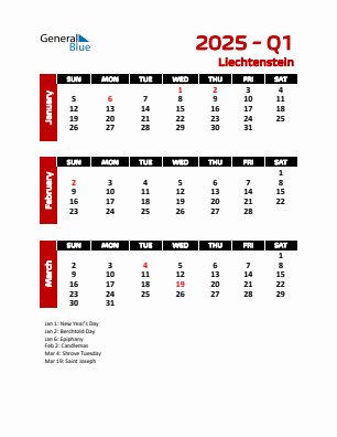 Liechtenstein Quarter 1  2025 calendar template