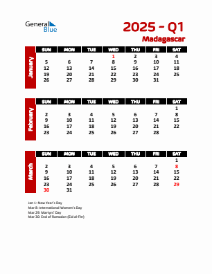 Madagascar Quarter 1  2025 calendar template