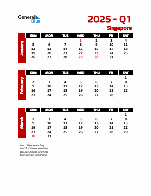 Singapore Quarter 1  2025 calendar template