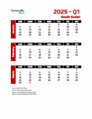 South Sudan Quarter 1  2025 calendar template