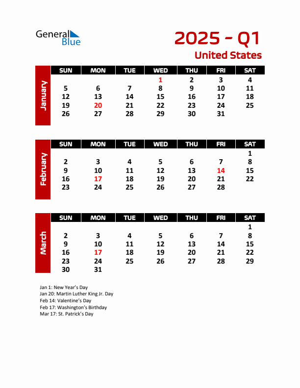 Q1 2025 Calendar with Holidays in United States