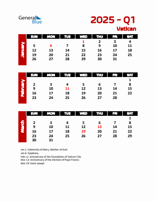 Vatican Quarter 1  2025 calendar template