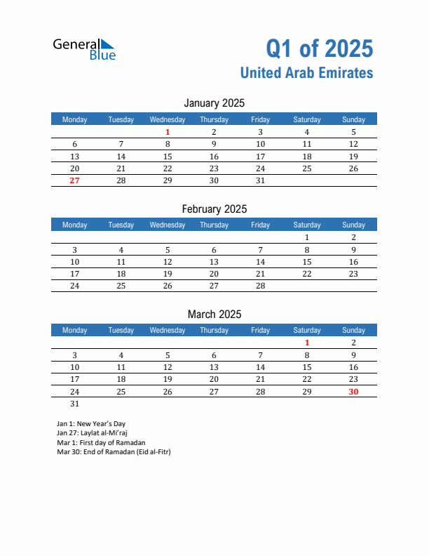 United Arab Emirates Q1 2025 Quarterly Calendar with Monday Start